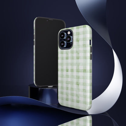 Green Gingham Tough Phone Case — Durable Plaid iPhone Protective Cover