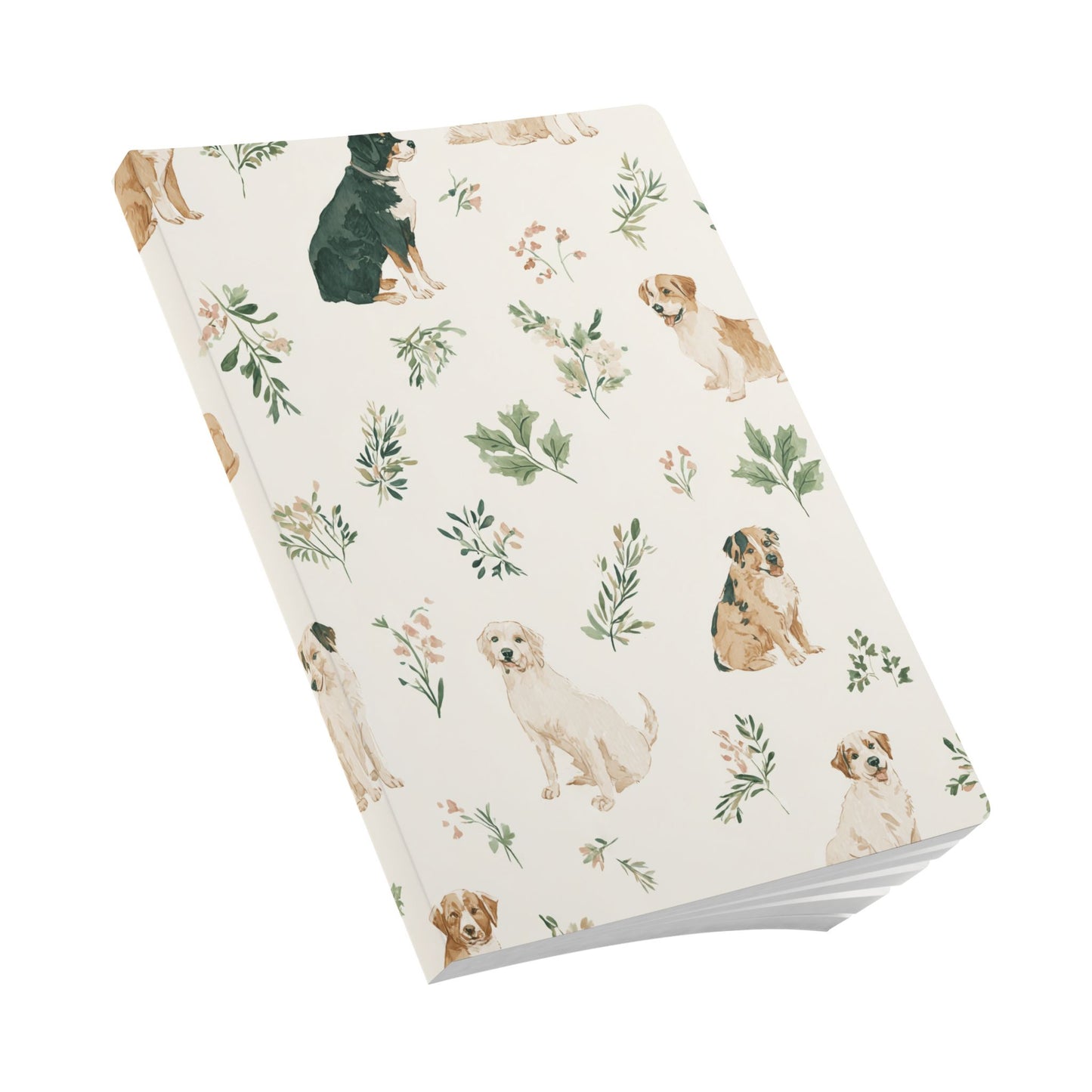 Dog Pattern Softcover Journal — Watercolor Puppies & Botanical Lined Notebook
