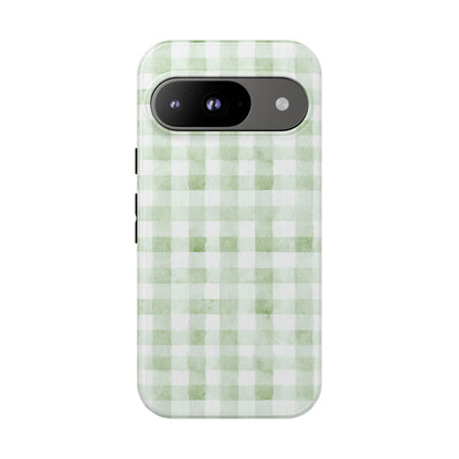 Green Gingham Tough Phone Case — Durable Plaid iPhone Protective Cover