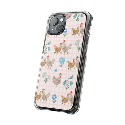 Clear Magnetic Phone Case — Pastel Farmyard Chickens Pattern