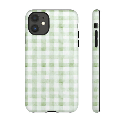 Green Gingham Tough Phone Case — Durable Plaid iPhone Protective Cover