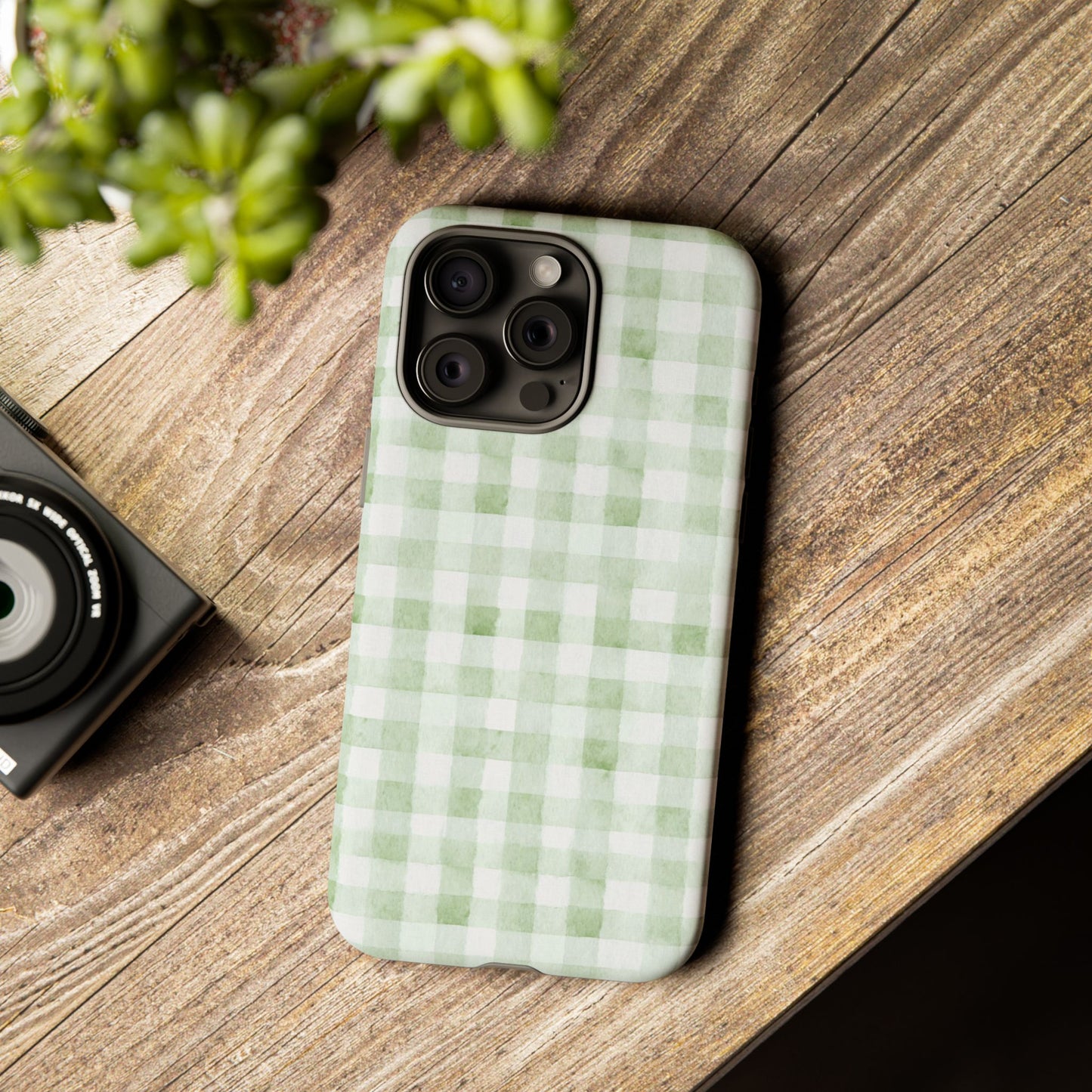 Green Gingham Tough Phone Case — Durable Plaid iPhone Protective Cover