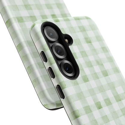 Green Gingham Tough Phone Case — Durable Plaid iPhone Protective Cover