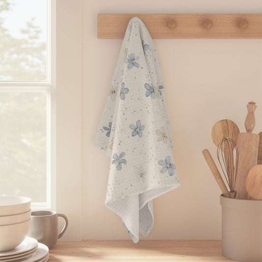 Floral Microfiber Tea Towel — Blue Watercolor Blossom Kitchen Towel