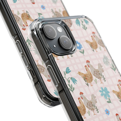 Clear Magnetic Phone Case — Pastel Farmyard Chickens Pattern