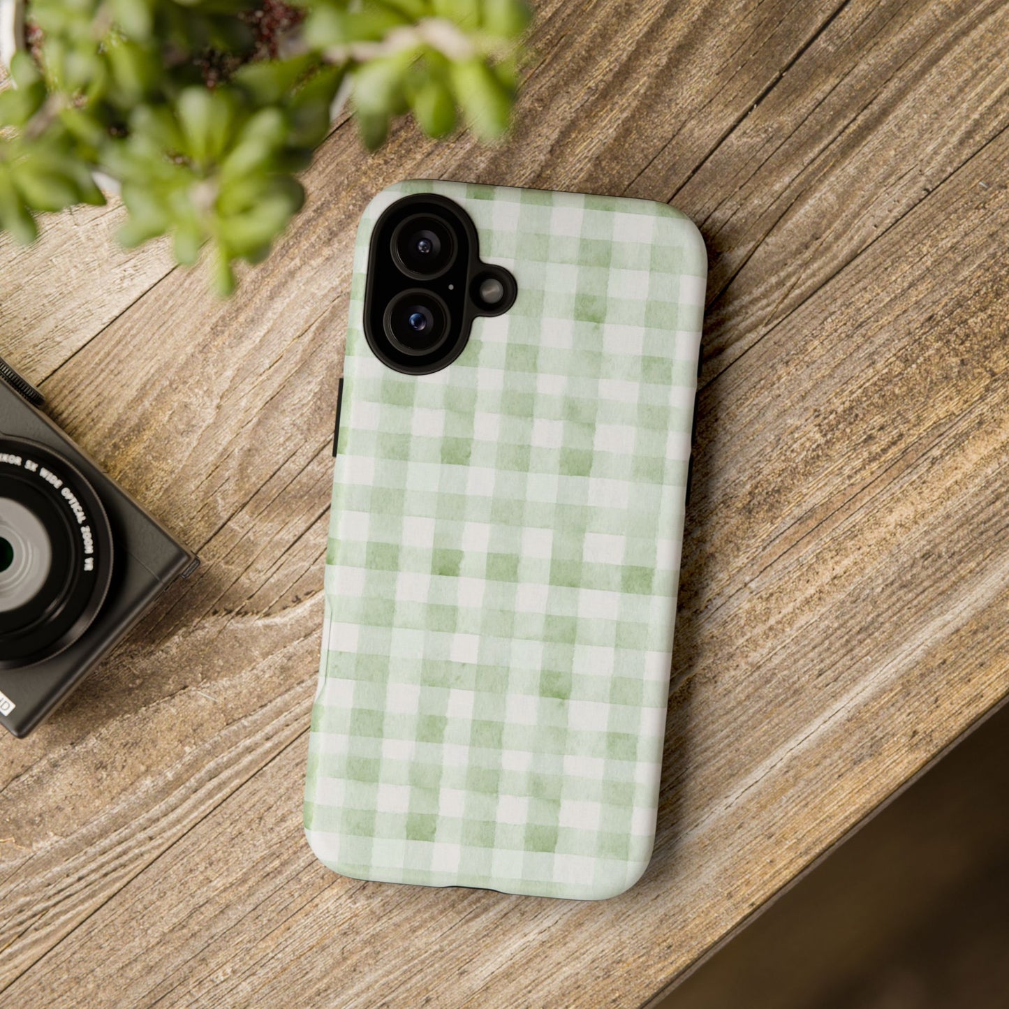 Green Gingham Tough Phone Case — Durable Plaid iPhone Protective Cover