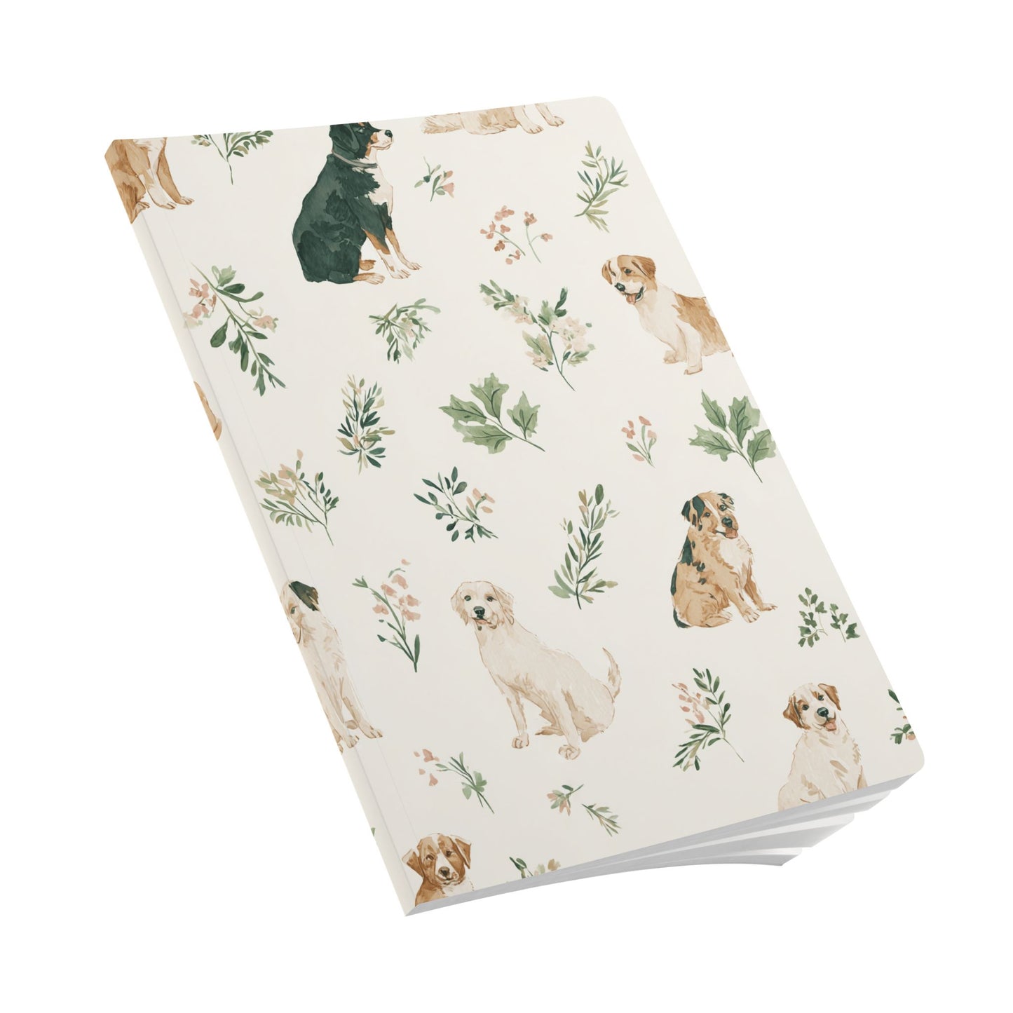 Dog Pattern Softcover Journal — Watercolor Puppies & Botanical Lined Notebook