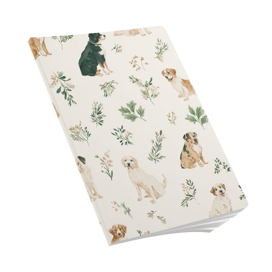 Dog Pattern Softcover Journal — Watercolor Puppies & Botanical Lined Notebook