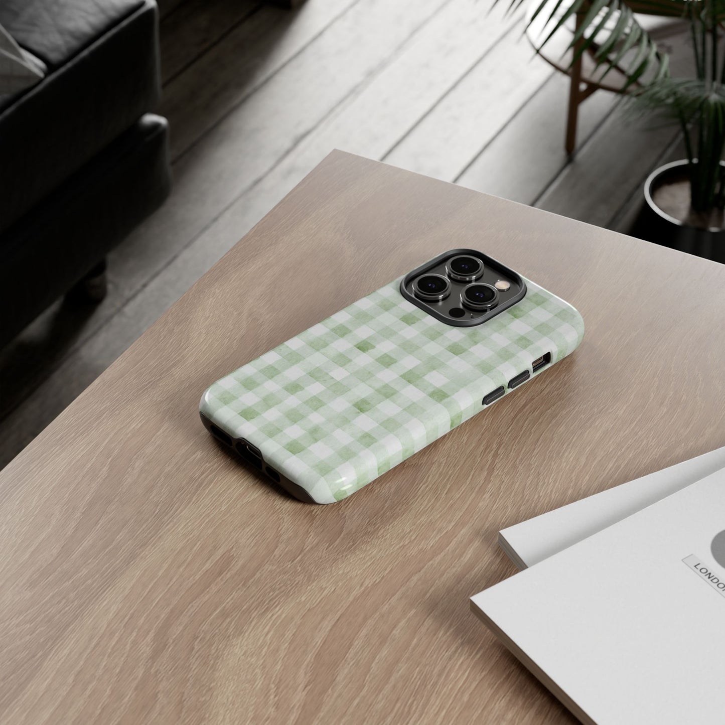 Green Gingham Tough Phone Case — Durable Plaid iPhone Protective Cover