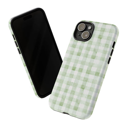 Green Gingham Tough Phone Case — Durable Plaid iPhone Protective Cover