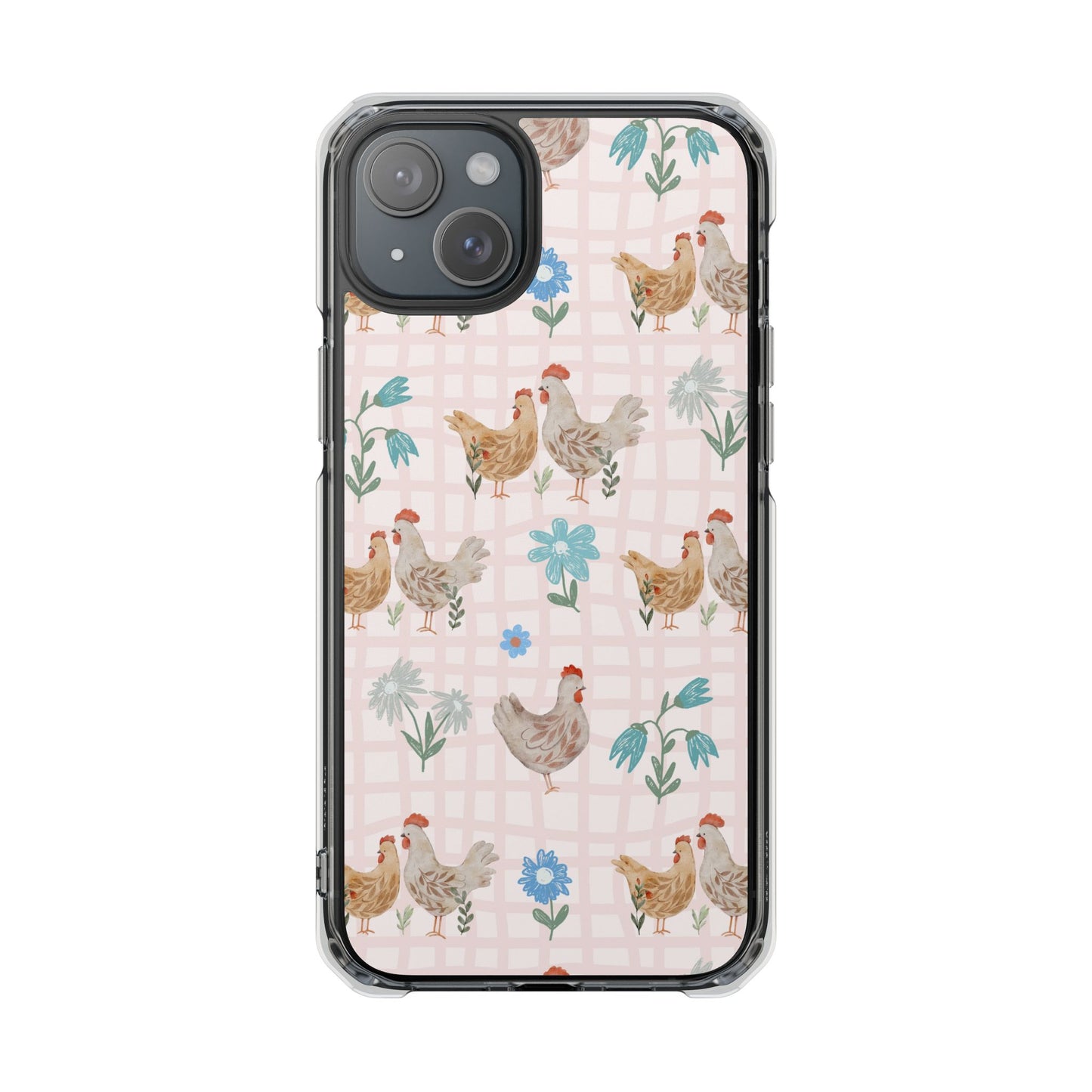Clear Magnetic Phone Case — Pastel Farmyard Chickens Pattern