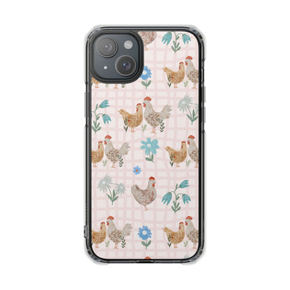 Clear Magnetic Phone Case — Pastel Farmyard Chickens Pattern