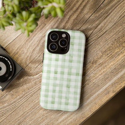 Green Gingham Tough Phone Case — Durable Plaid iPhone Protective Cover