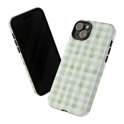 Green Gingham Tough Phone Case — Durable Plaid iPhone Protective Cover