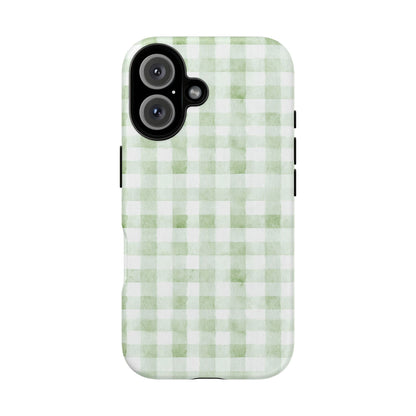 Green Gingham Tough Phone Case — Durable Plaid iPhone Protective Cover