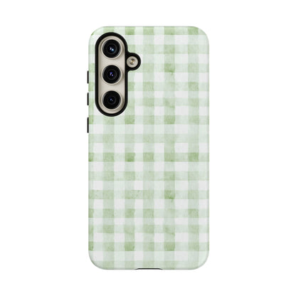 Green Gingham Tough Phone Case — Durable Plaid iPhone Protective Cover