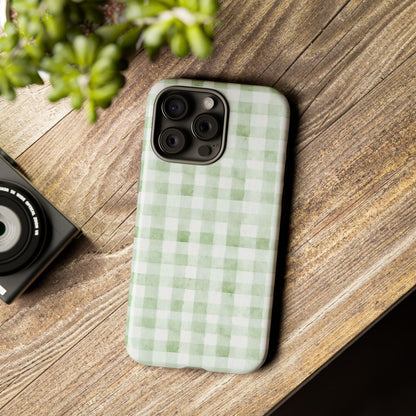 Green Gingham Tough Phone Case — Durable Plaid iPhone Protective Cover