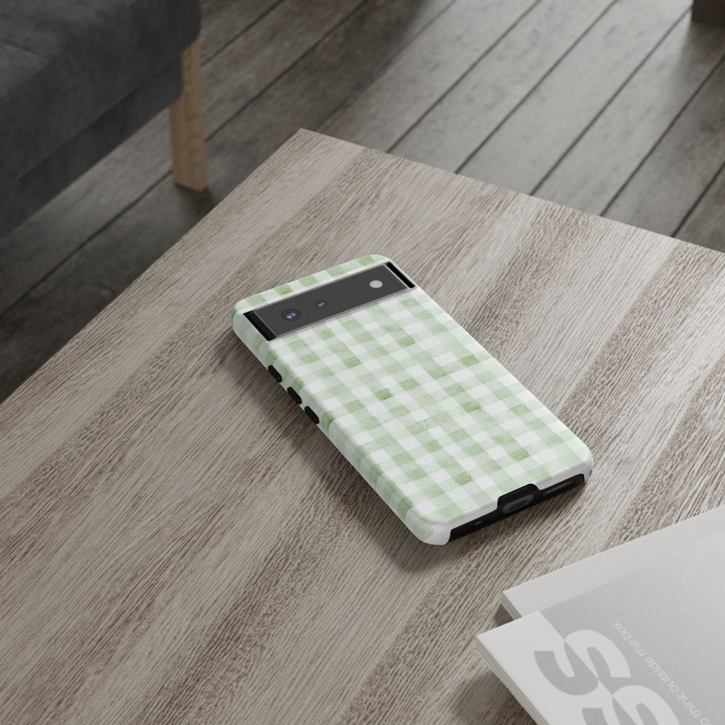 Green Gingham Tough Phone Case — Durable Plaid iPhone Protective Cover