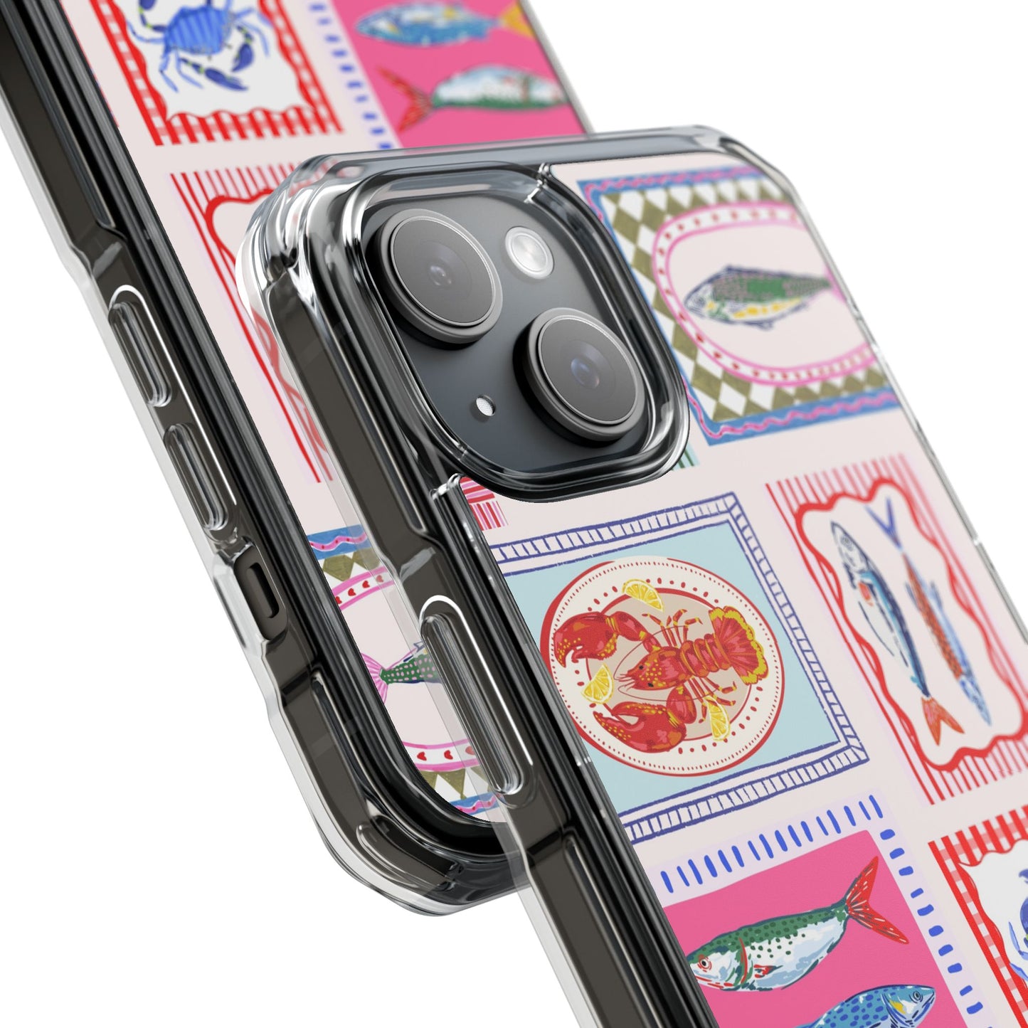 Clear Magnetic Phone Case — Colorful Coastal Seafood Stamp Design