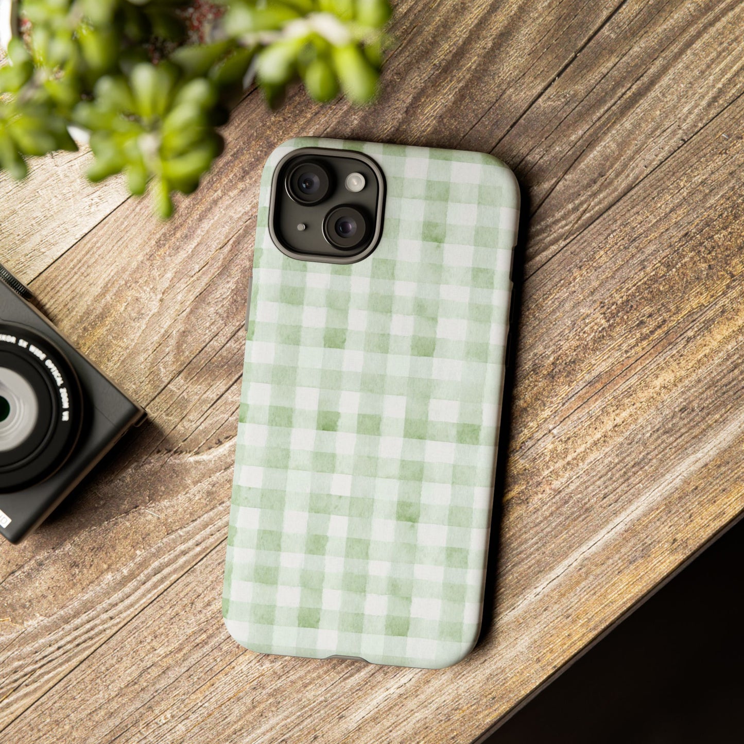 Green Gingham Tough Phone Case — Durable Plaid iPhone Protective Cover