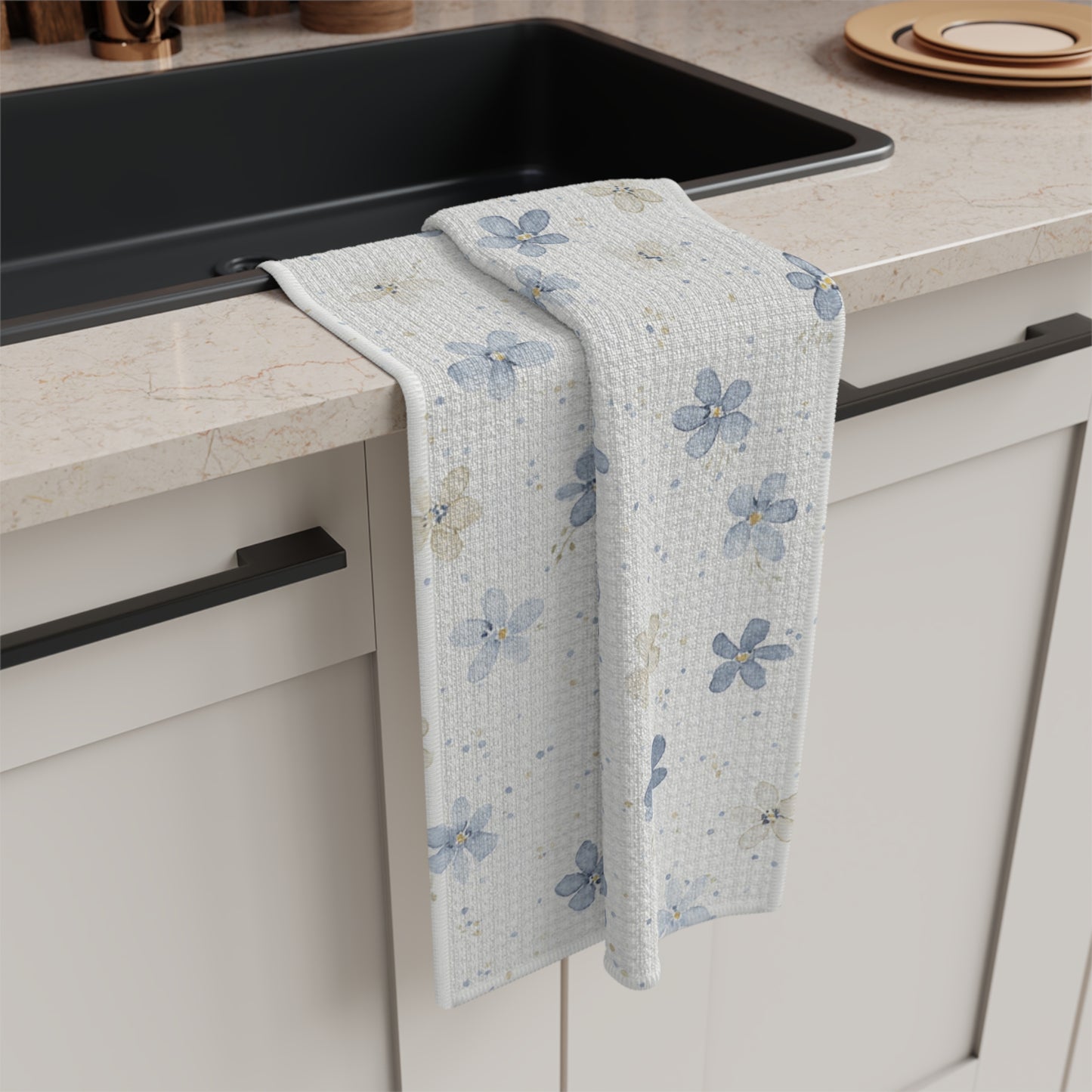 Floral Microfiber Tea Towel — Blue Watercolor Blossom Kitchen Towel