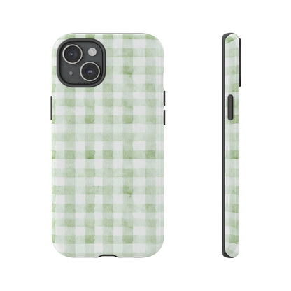 Green Gingham Tough Phone Case — Durable Plaid iPhone Protective Cover