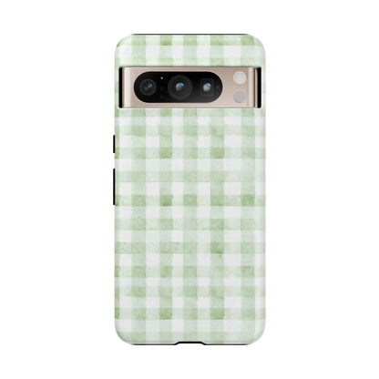 Green Gingham Tough Phone Case — Durable Plaid iPhone Protective Cover
