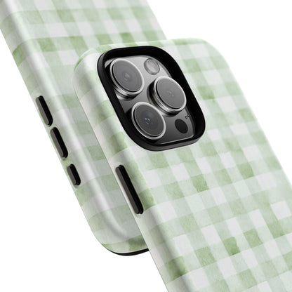 Green Gingham Tough Phone Case — Durable Plaid iPhone Protective Cover