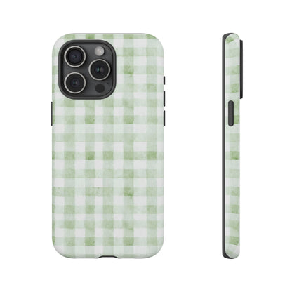 Green Gingham Tough Phone Case — Durable Plaid iPhone Protective Cover