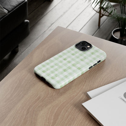 Green Gingham Tough Phone Case — Durable Plaid iPhone Protective Cover