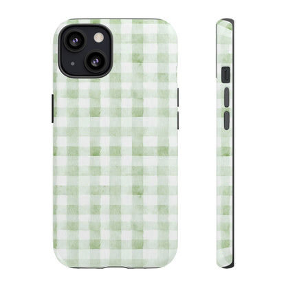 Green Gingham Tough Phone Case — Durable Plaid iPhone Protective Cover