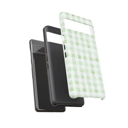 Green Gingham Tough Phone Case — Durable Plaid iPhone Protective Cover