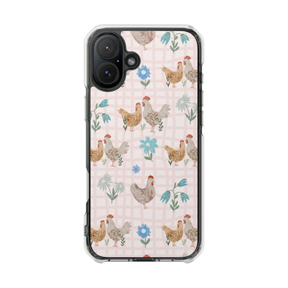 Clear Magnetic Phone Case — Pastel Farmyard Chickens Pattern