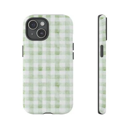 Green Gingham Tough Phone Case — Durable Plaid iPhone Protective Cover