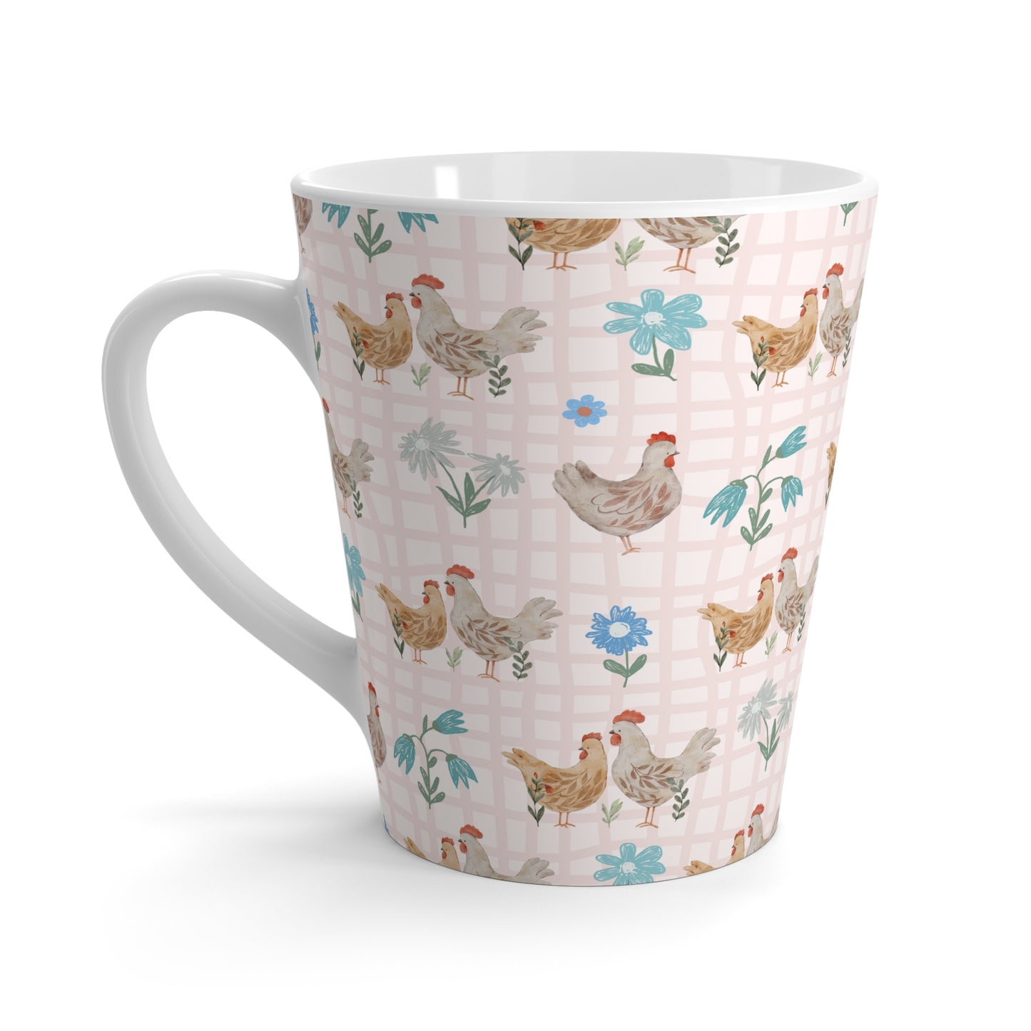 Chicken Pattern Latte Mug — Farmhouse Floral Coffee Cup
