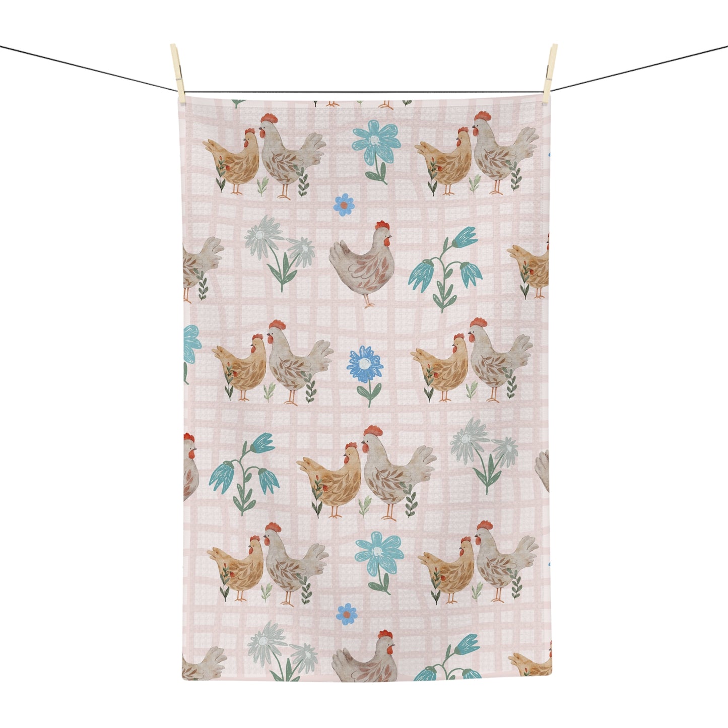 Country Chickens Microfiber Tea Towel — Farmhouse Kitchen Towel with Floral Plaid
