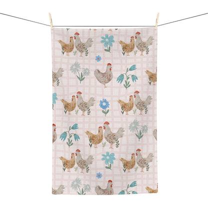 Country Chickens Microfiber Tea Towel — Farmhouse Kitchen Towel with Floral Plaid