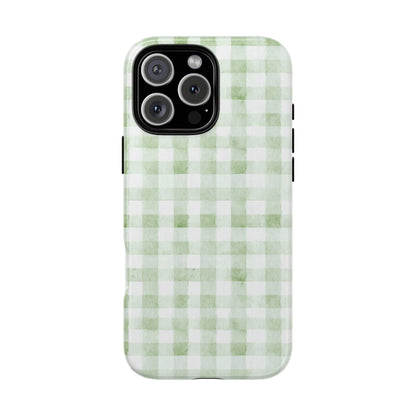 Green Gingham Tough Phone Case — Durable Plaid iPhone Protective Cover