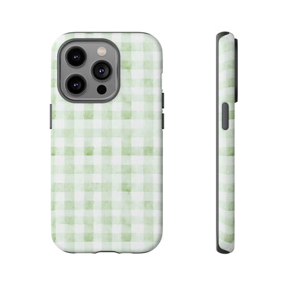 Green Gingham Tough Phone Case — Durable Plaid iPhone Protective Cover