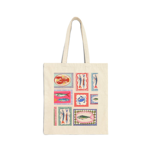 Canvas Tote Bag — Colorful Vintage Fish Stamp Collage Tote
