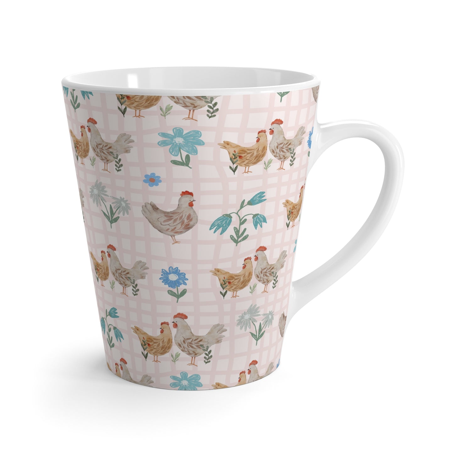 Chicken Pattern Latte Mug — Farmhouse Floral Coffee Cup