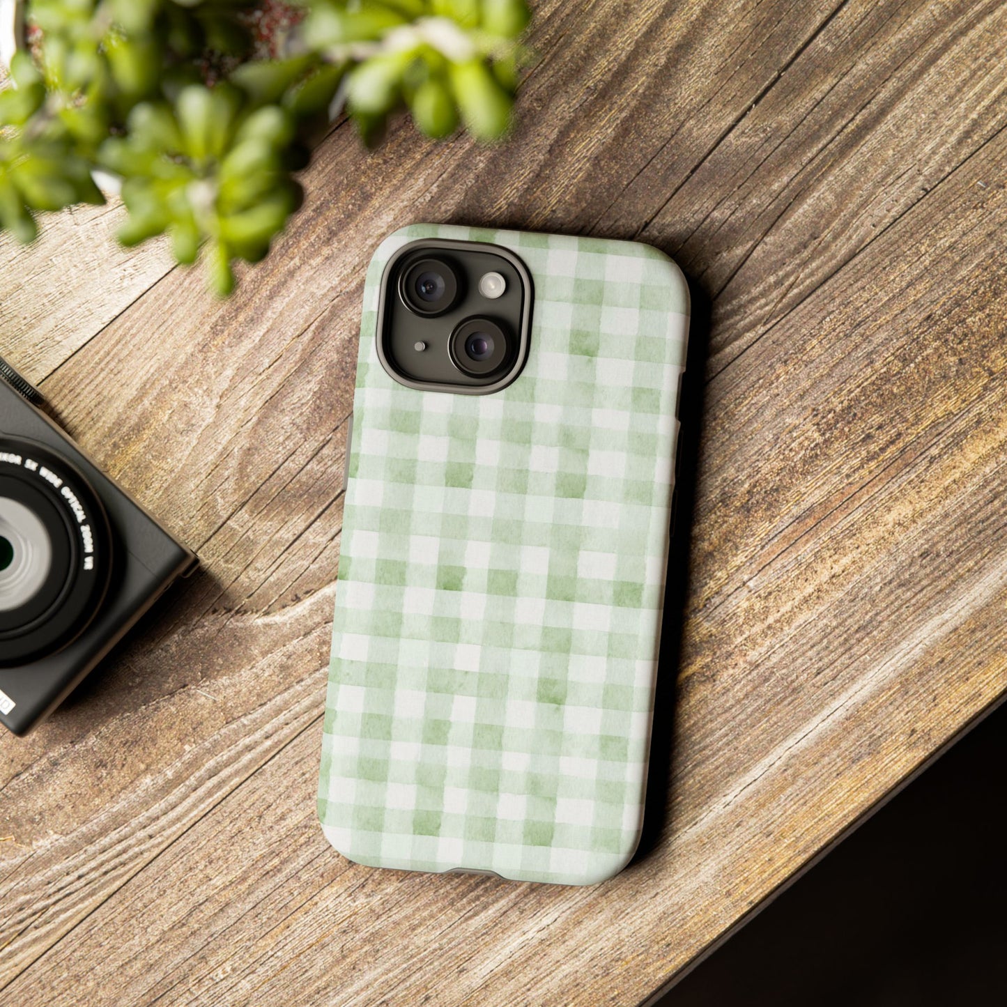 Green Gingham Tough Phone Case — Durable Plaid iPhone Protective Cover