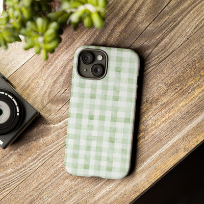 Green Gingham Tough Phone Case — Durable Plaid iPhone Protective Cover