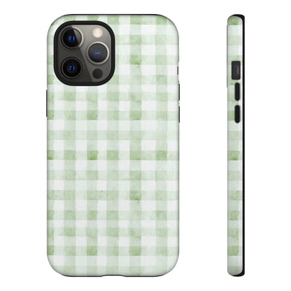 Green Gingham Tough Phone Case — Durable Plaid iPhone Protective Cover