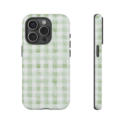 Green Gingham Tough Phone Case — Durable Plaid iPhone Protective Cover