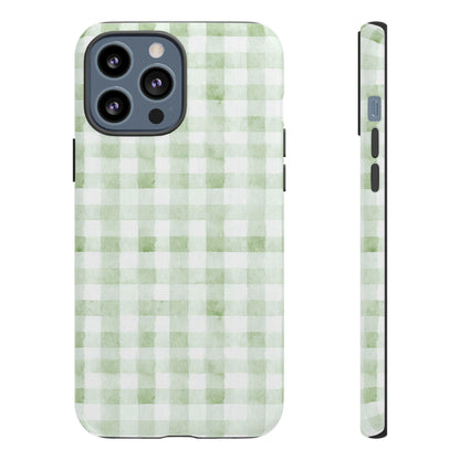 Green Gingham Tough Phone Case — Durable Plaid iPhone Protective Cover