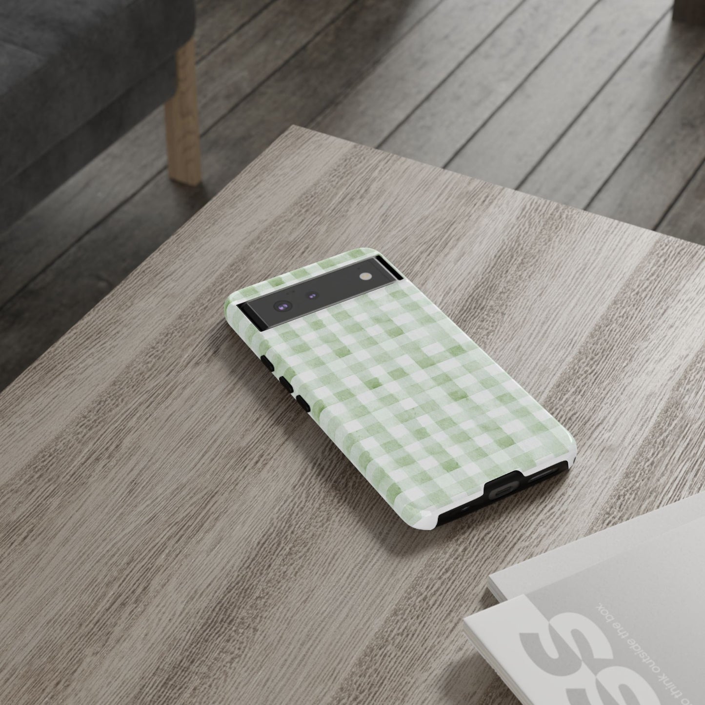 Green Gingham Tough Phone Case — Durable Plaid iPhone Protective Cover