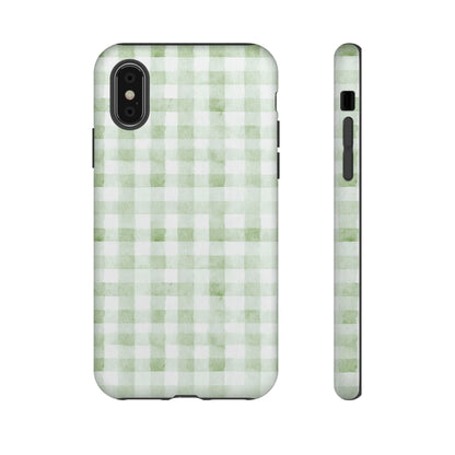 Green Gingham Tough Phone Case — Durable Plaid iPhone Protective Cover