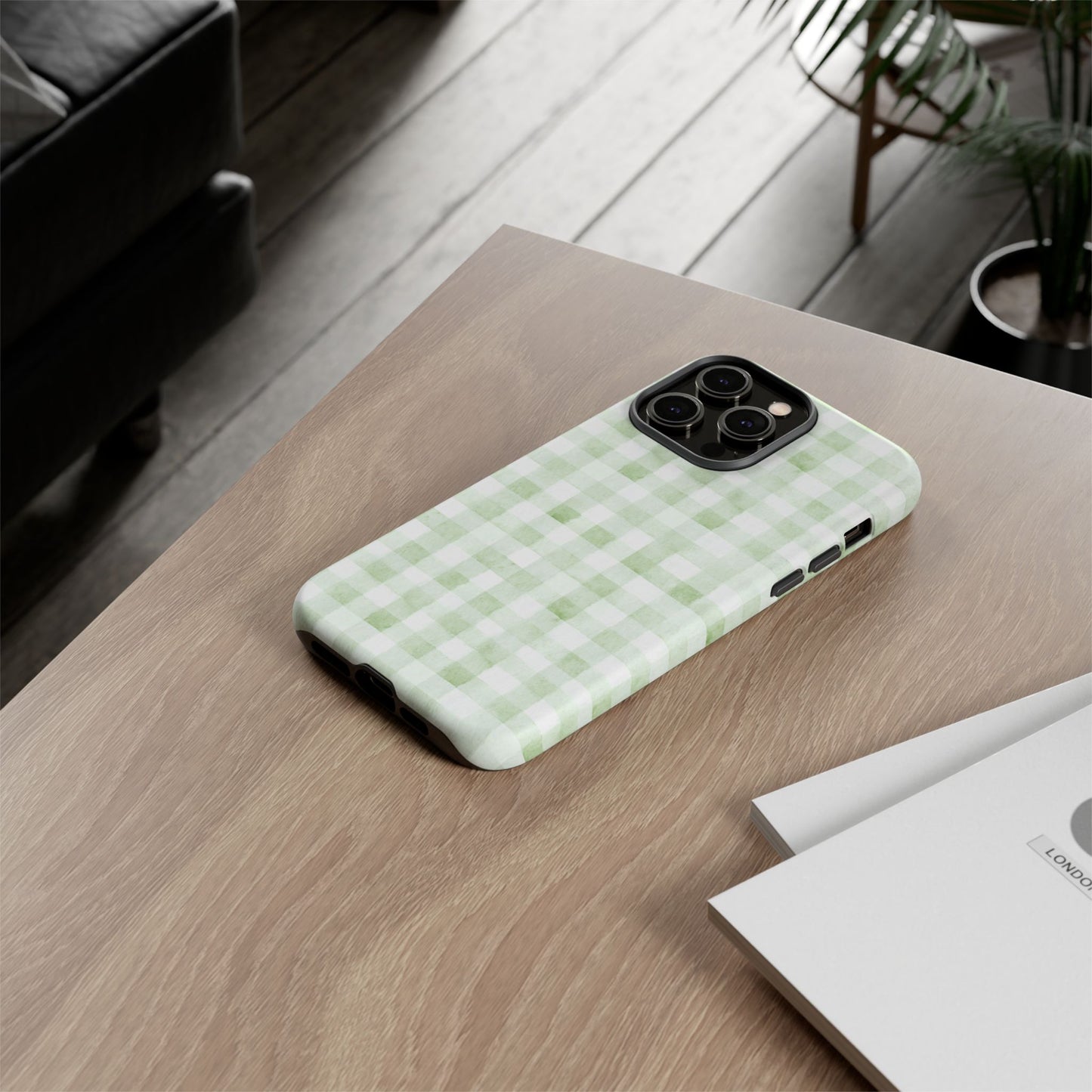 Green Gingham Tough Phone Case — Durable Plaid iPhone Protective Cover