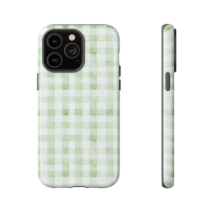 Green Gingham Tough Phone Case — Durable Plaid iPhone Protective Cover